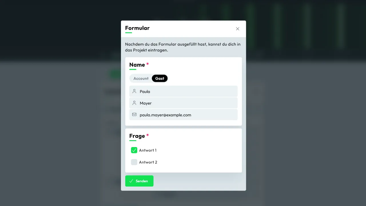 Projekt-Formular in Lukify mit Feldern für Name, E-Mail und Telefonnummer